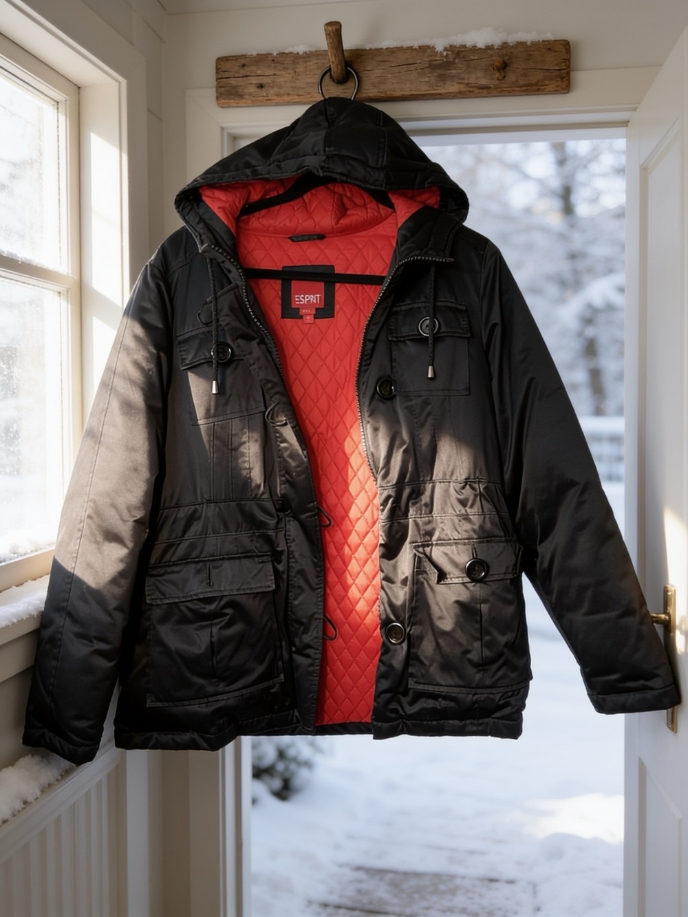 ESPRIT Down Filled Cargo Utility Parka Jacket Hooded Red Lined Womans L